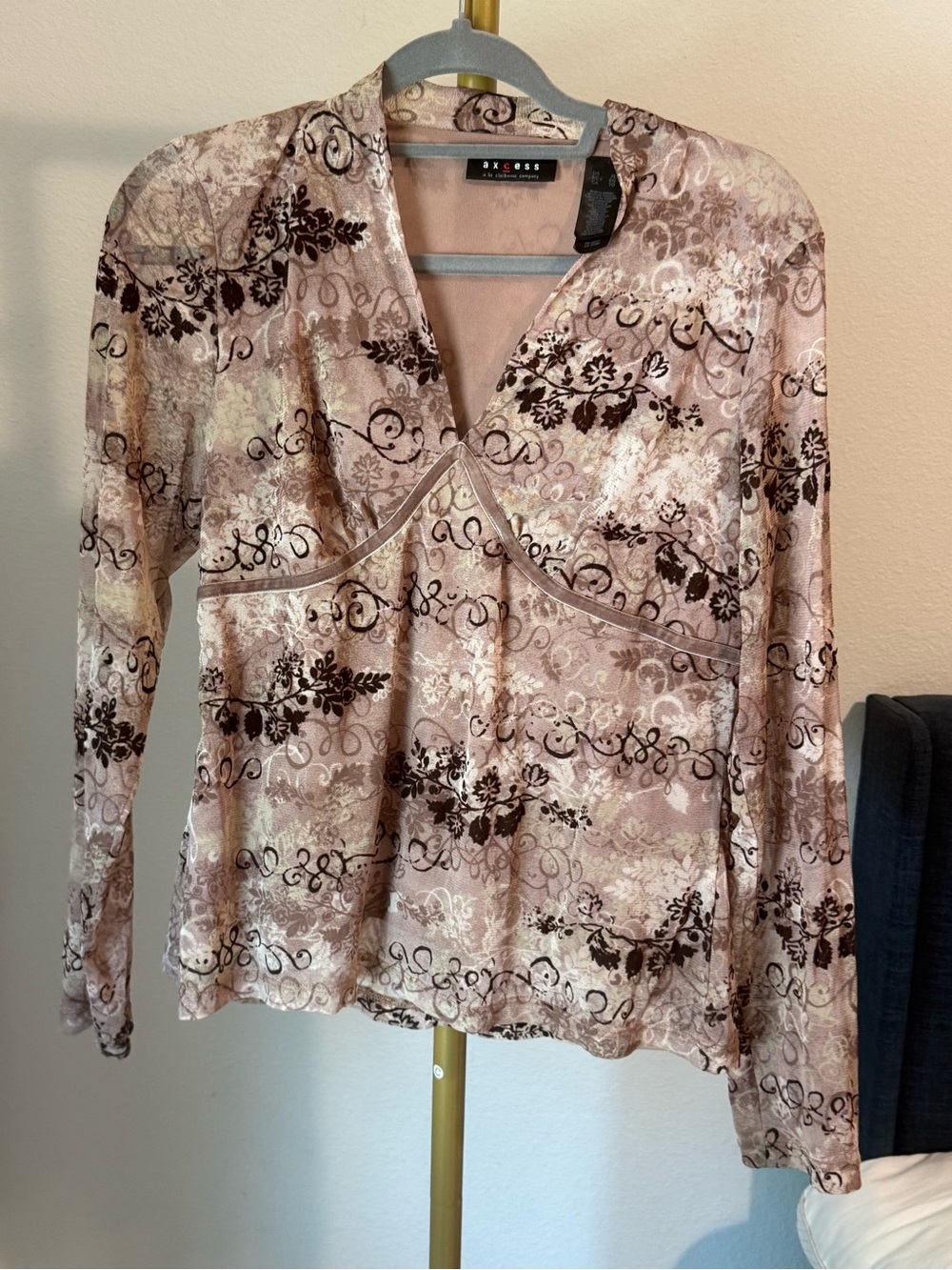 Liz Claiborne Pink and Brown Floral Velvet-Print Wrap Top